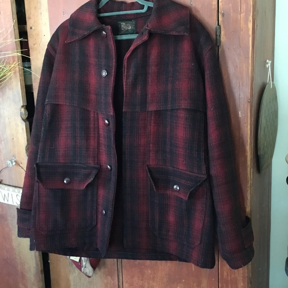 Vintage Woolrich Men's Red and Black Plaid Wool Coat